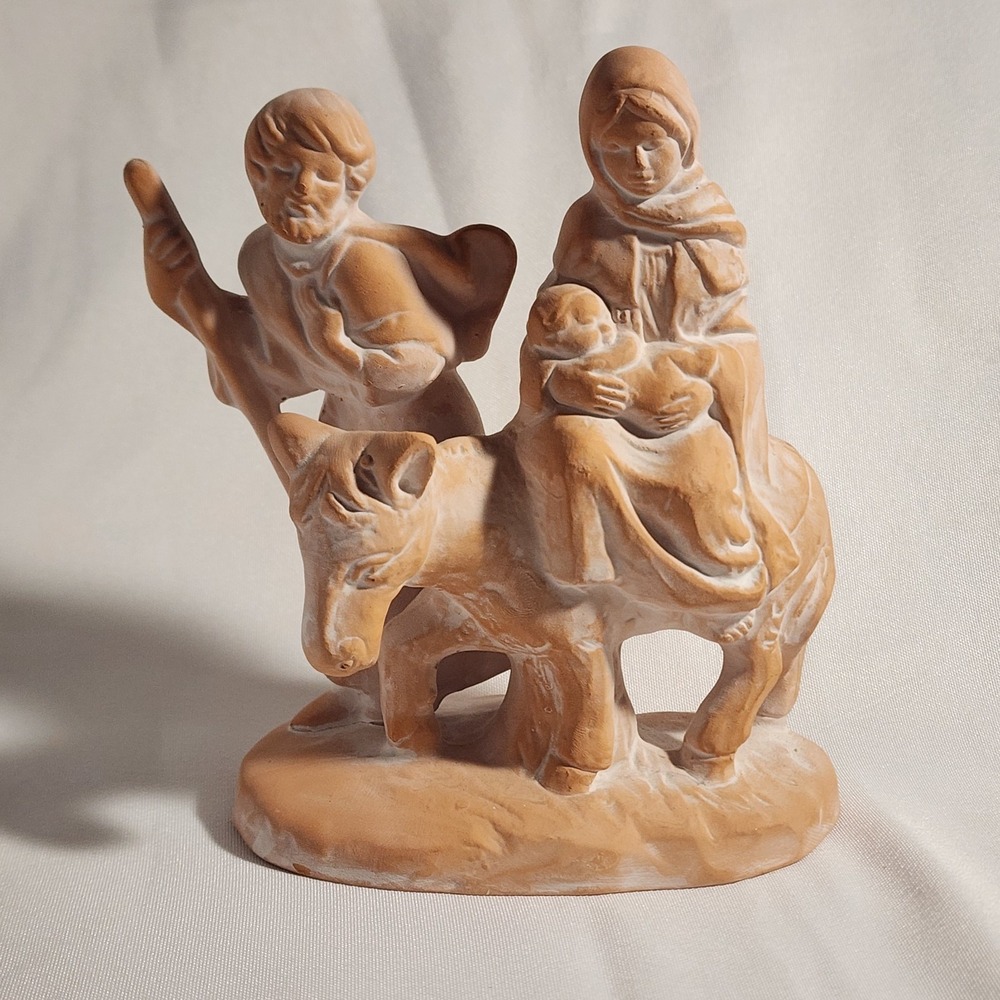 Terracotta Clay Nativity Statue Vintage Mary Joseph & Jesus on Mule/Donkey 6" EC